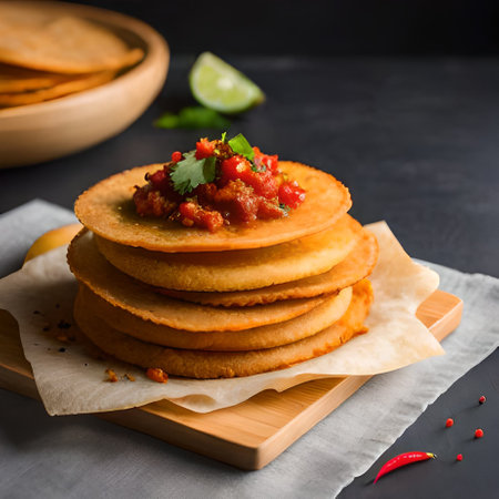 Traditional mexican chili paste with corn tortillas on black backgroundの素材