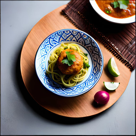 Spaghetti with Meatballs or Korma served in a bowl. selective focusの素材