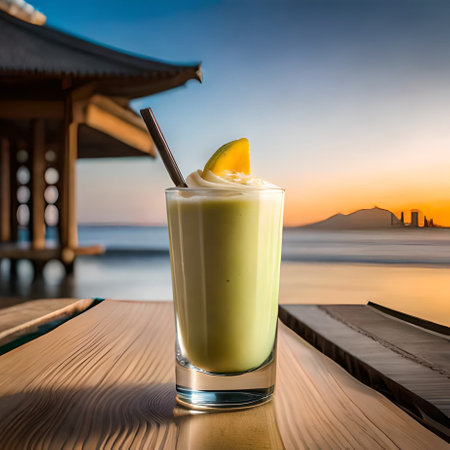 Mango smoothie in glass on wooden table with sea background.の素材