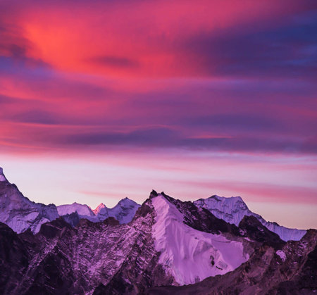 Beautiful sunset in Himalaya mountains, Annapurna Circuit Trek, Nepalの写真素材