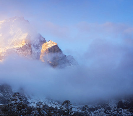 Mountain landscape with snow in the morning. Himalayas, Nepalの写真素材