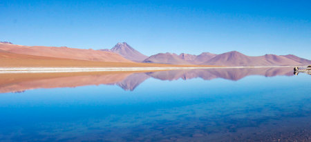 Panoramic view of Laguna Colorada in the altiplano of Bolivia