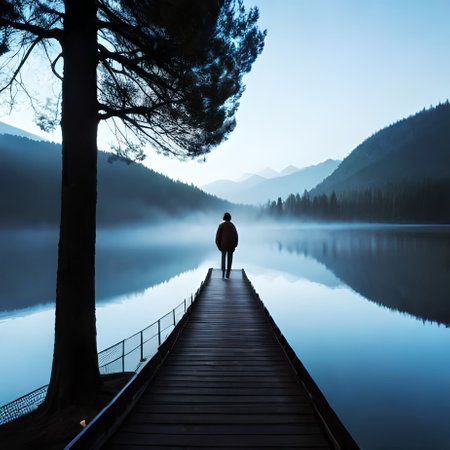 Silhouette of a man standing on a wooden jetty and looking at a lake in the morningの素材