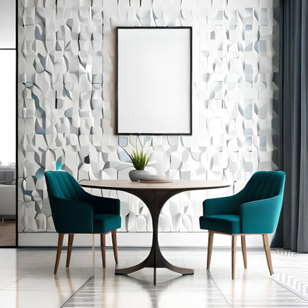 Interior of modern living room with white walls, tiled floor, white wooden table with blue armchairs and vertical mock up poster frame. 3d renderingの素材