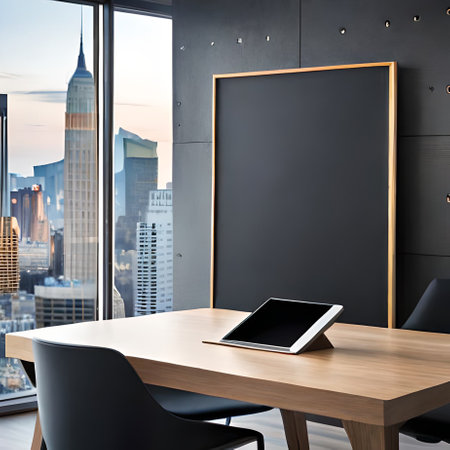 Wooden table and black chairs in modern office with city view, mock upの素材