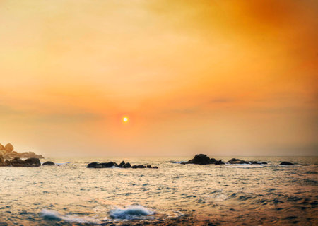 Beautiful sunset over the sea. Nature composition. Toned.の写真素材