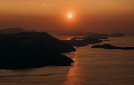 Sunset over the sea and islands in the Mediterranean Sea in Turkeyの写真素材