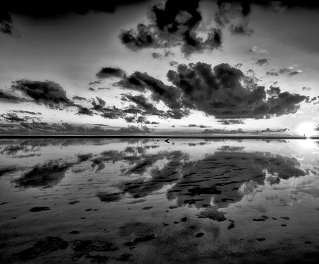 Beautiful sunset on the beach. Black and white photo. Beautiful sky.の写真素材