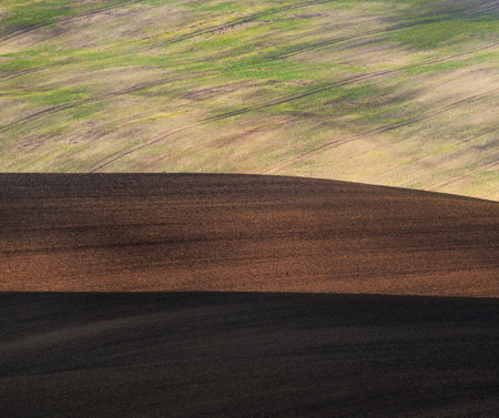 plowed field in spring before sowing in the fields of Italyの写真素材