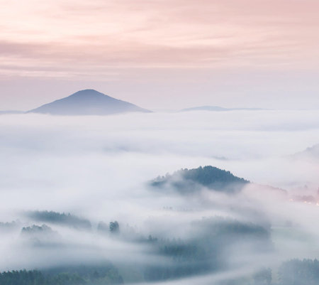 Beautiful mountain landscape with fog in the morning. Carpathians, Ukraineの写真素材