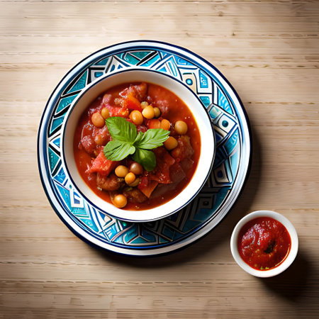 chickpeas stew with tomato sauce and basil on wooden backgroundの素材