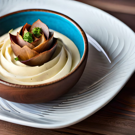 Close up of a bowl of cream sauce on a wooden table.の素材