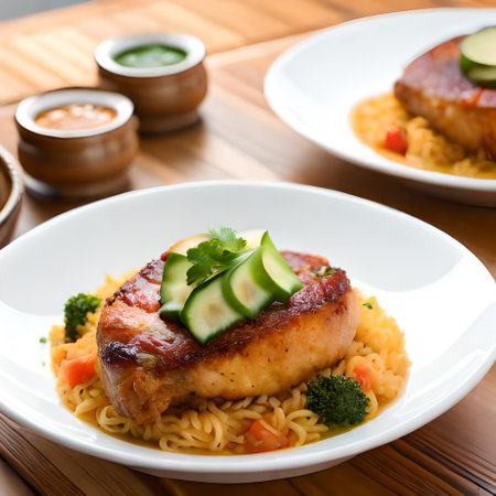 Grilled chicken fillet with rice and vegetables on a wooden tableの素材