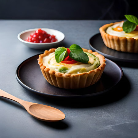 Tartlets with cottage cheese, tomatoes and basil on a black backgroundの素材