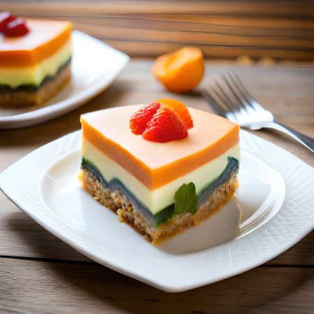 Delicious fruit cake on a plate with fork on wooden background.の素材