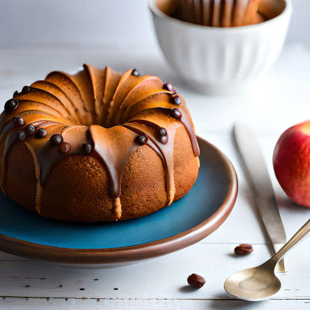 Homemade apple bundt cake with chocolate frosting, selective focusの素材