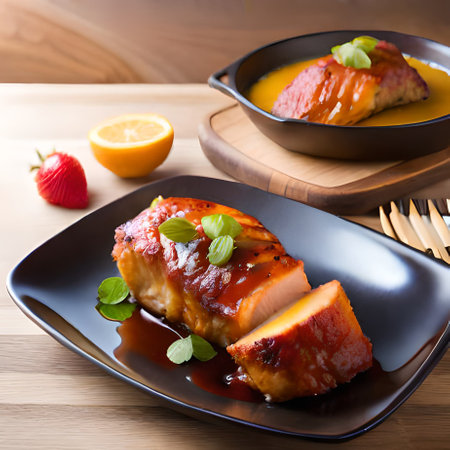 Baked salmon fillet with sweet and sour sauce on black plateの素材