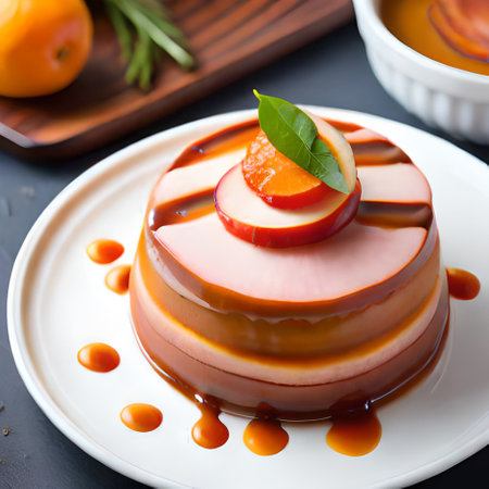Panna cotta with orange and caramel sauce on a black backgroundの素材
