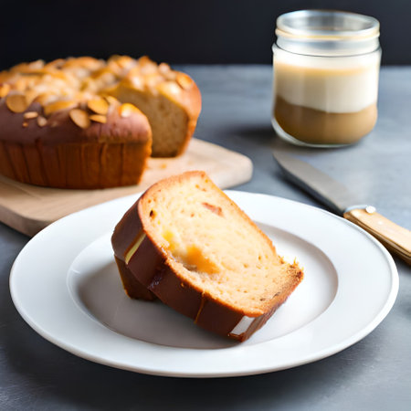 Coffee cake with almond and caramel glaze on the tableの素材