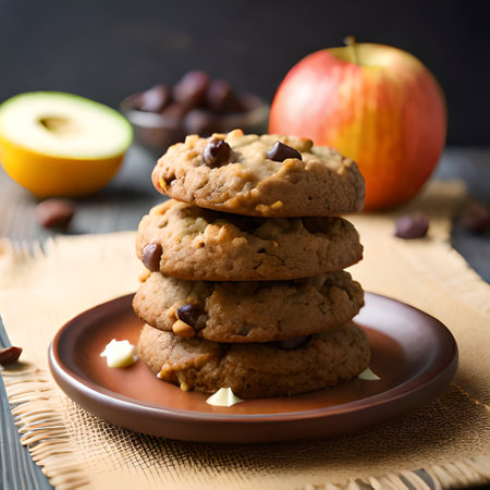 Chocolate chip cookies with hazelnuts and apples on a plateの素材