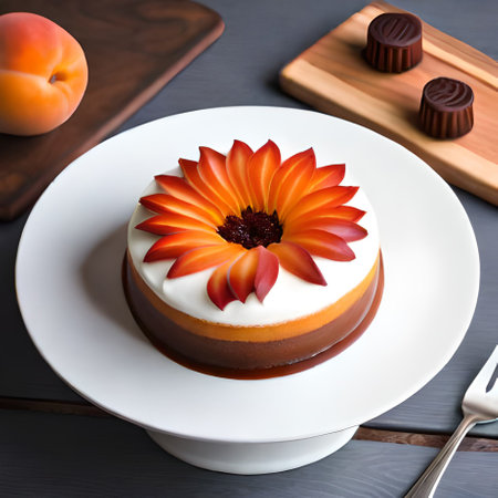 Piece of cake decorated with an orange flower on a white plateの素材