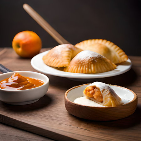 Homemade pie with tangerines and jam on a wooden backgroundの素材