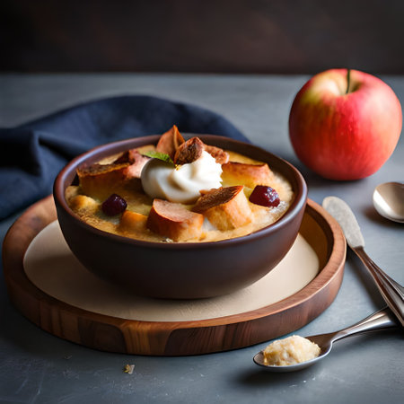 Bowl of apple casserole with whipped cream and fresh applesの素材