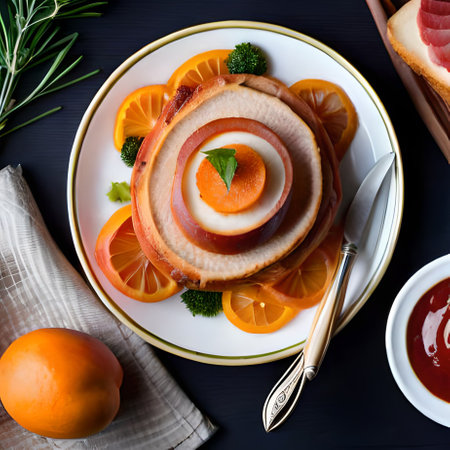 Slices of smoked ham on a plate with oranges and ketchupの素材