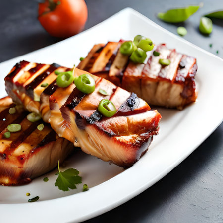 Grilled pork belly with vegetables on a white plate, selective focusの素材