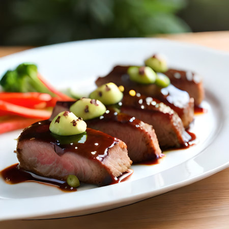 Beef steak with soy sauce and vegetables on a white plate.の素材
