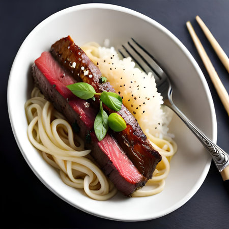 Japanese cuisine. Soba noodles with grilled tuna on a black backgroundの素材