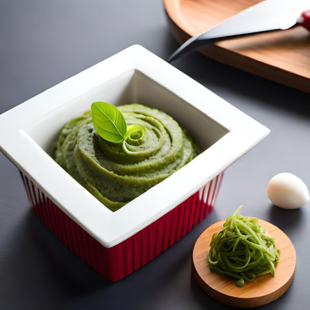 Spinach sauce in a white square bowl on a black backgroundの素材