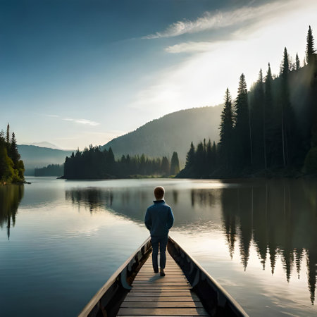Man standing on wooden pier at lake in mountains and looking at sunriseの素材
