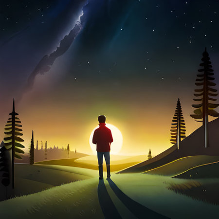Man walking on the road in the forest at night. Vector illustrationの素材