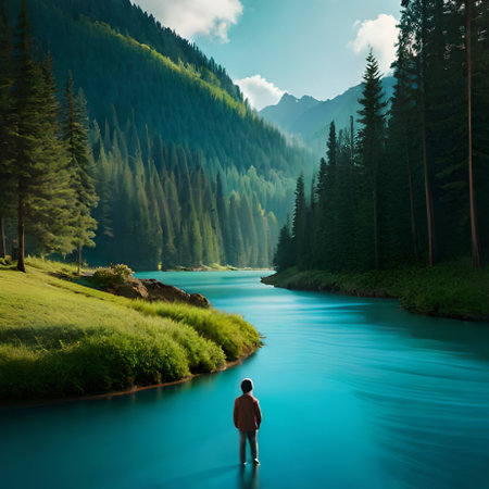 Man standing on the shore of a mountain river and looking at the valleyの素材