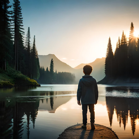 A young man standing on the edge of a lake and looking at the sunsetの素材