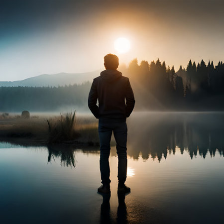 Man standing on the edge of a lake and looking at the sunriseの素材