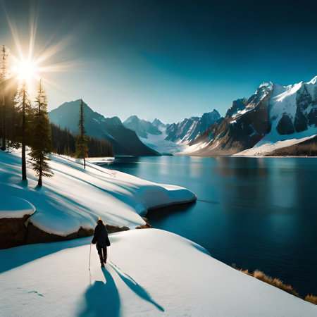 Hiker in the mountains at sunset. Fantastic winter landscape. The concept of active, extreme and photo tourismの素材