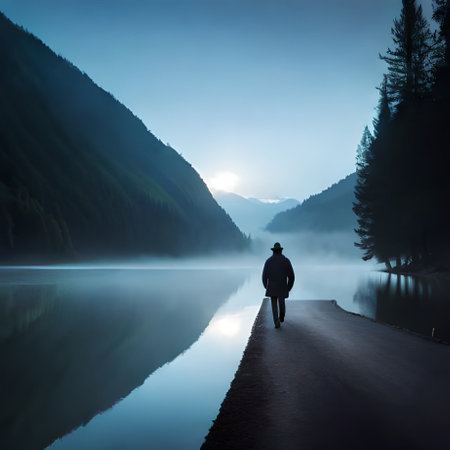 silhouette of a man standing on the edge of a lake at dawnの素材