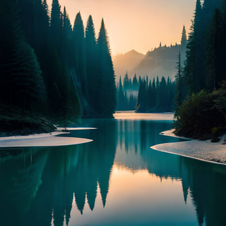 Mountain lake in the mountains at sunrise. Beautiful summer landscape.の素材