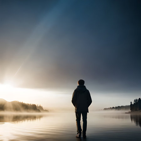 Man standing on the lake and looking at the misty sunrise.の素材