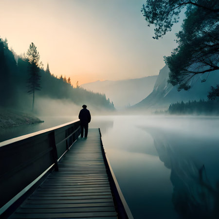 Foggy morning on a pier in Yosemite National Park, California, USAの素材
