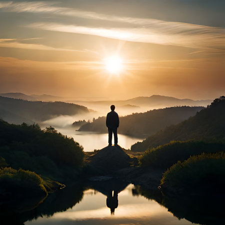 Silhouette of a man standing on the edge of a cliff and looking at the beautiful sunrise.の素材