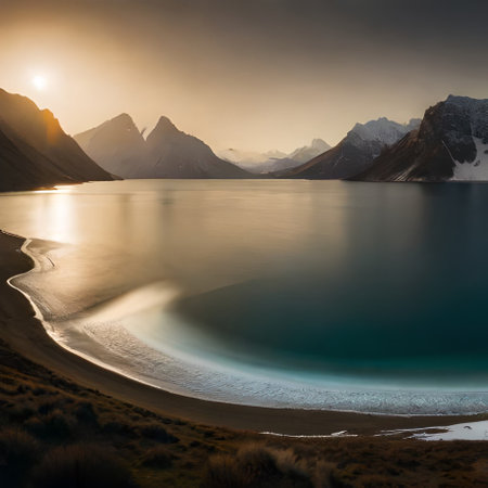 Mountain lake at sunset, Cordillera Blanca, Peruの素材
