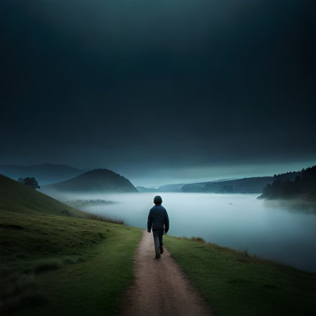 Man walking on a path in the misty morning at the lakeの素材