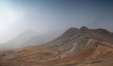 Landscape view of mountain and fog in Leh Ladakh, Indiaの写真素材