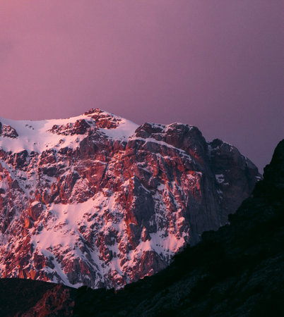 Mountain landscape with snow in the evening, Dolomites, Italy