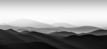Black and white landscape with mountains in the fog. 3d illustrationの写真素材
