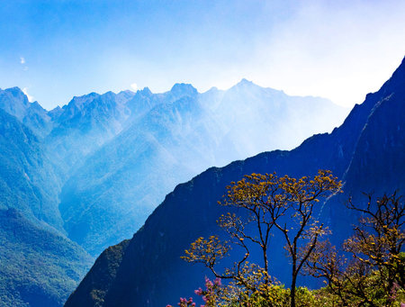 Mountain landscape in Himalayas, Annapurna Circuit Trek, Nepalの写真素材