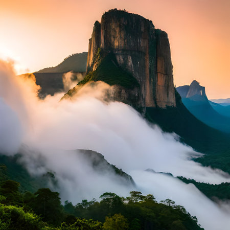 Mountain landscape with fog and mist at sunrise, San Francisco, USAの素材